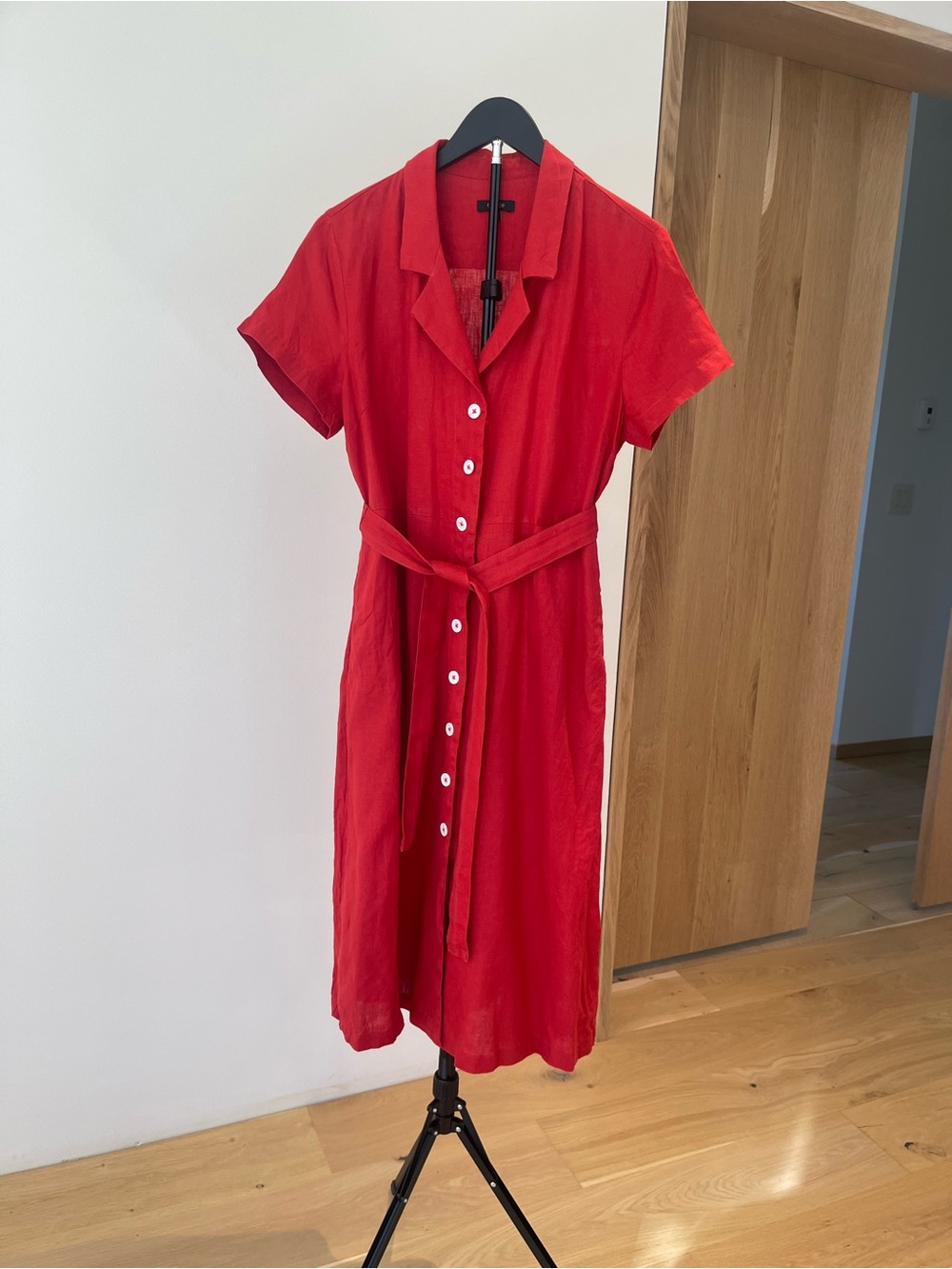 Quince Red Linen Button-Front Midi Dress with Waist Tie